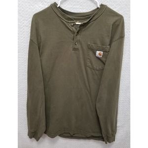 Carhartt Mens Long Sleeve Henley K128ARG Olive Green w/ Pocket 3-Button, LARGE